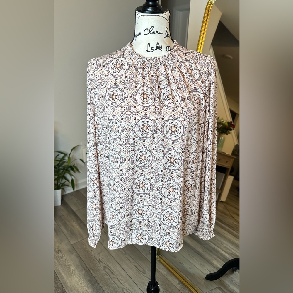 Ann Taylor Factory White and Brown Printed Long Sleeve Blouse